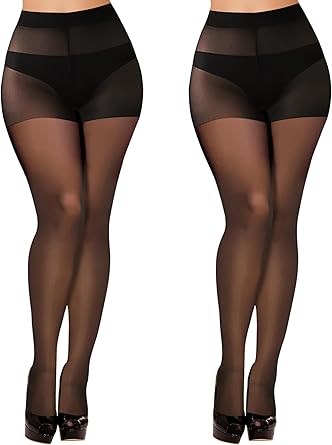 Buauty 2 Pairs Sheer Black Tights for Women -20D High Waist womens Pantyhose,Plus Size Nylon Stockings LBlack