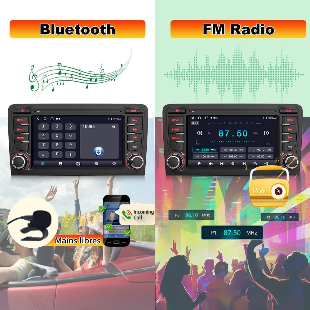 Split image showing car radio screen with Bluetooth dial pad on the left and FM radio tuner on the right, indicating hands-free calling and radio functions.