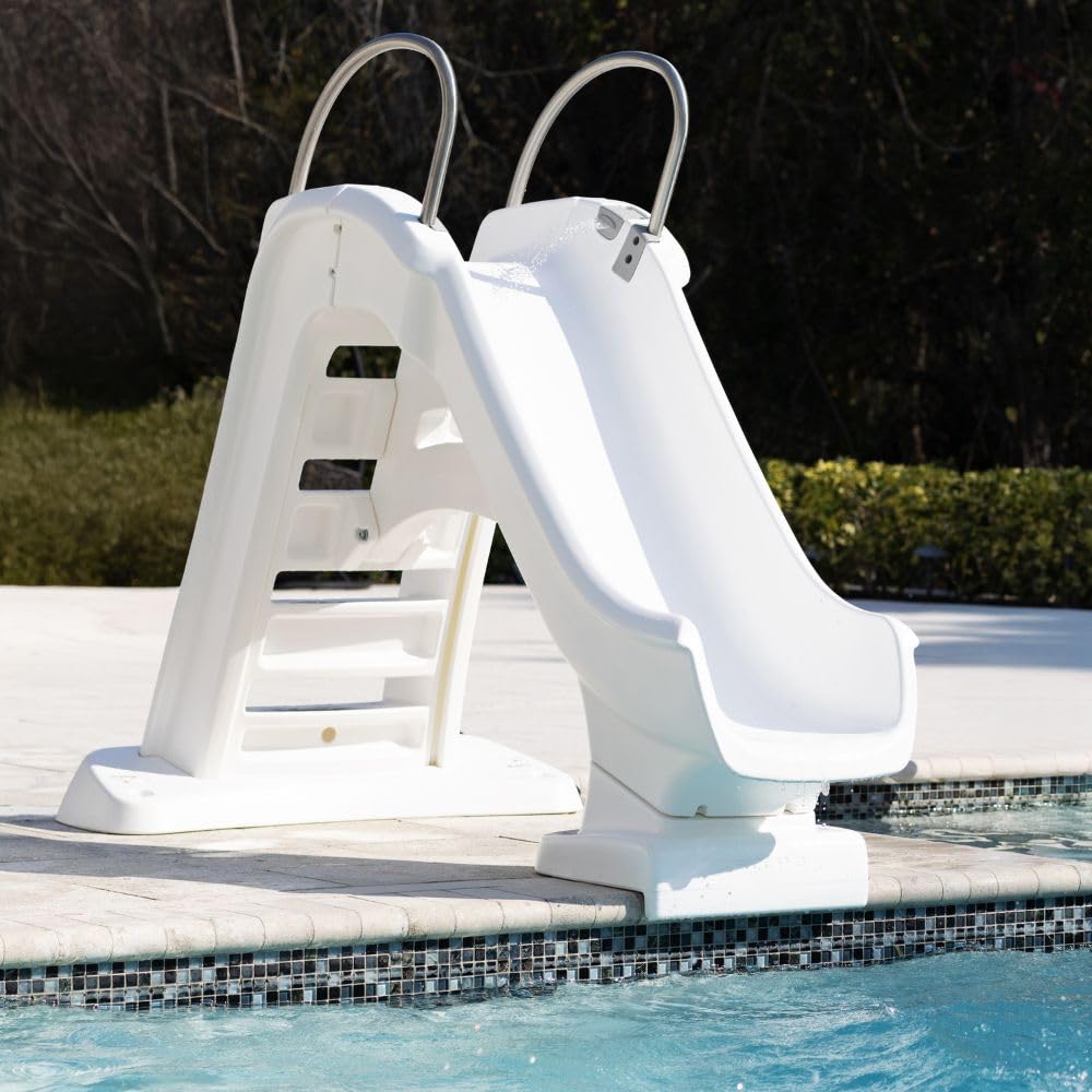 Step2 Vero Pool Slide, Outdoor/Indoor Waterproof Patio Furniture, Non-Slip Steps, Hose Attachment, Made of Durable Plastic, 4 Feet, White