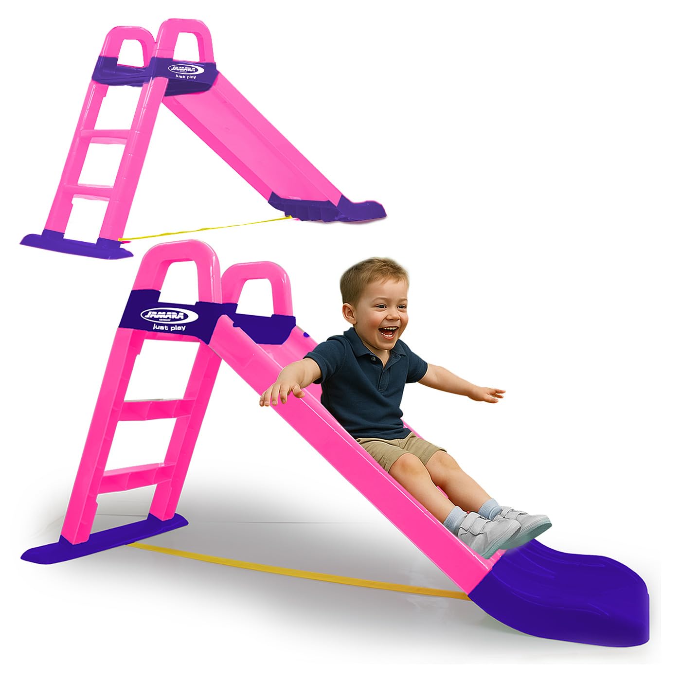 JAMARA 460503 – Tobogán Funny Slide – de plástico Resistente, caño Antideslizante para aterrizajes Suaves, escalones Anchos y Asas de Seguridad, Cuerda estabilizadora, Rosa