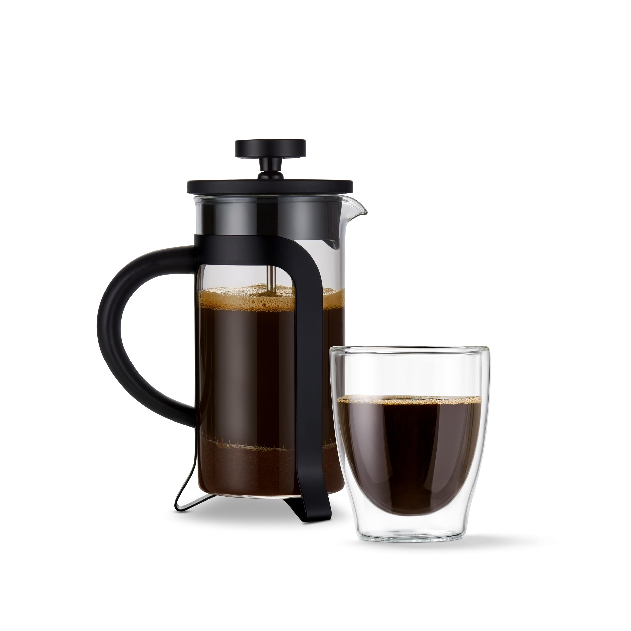Tchibo Siebstempelkanne für manuelle Kaffeezubereitung, French Press aus hitzebeständigem Borosilikatglas, spülmaschinengeeignet, 300ml Fassungsvermögen für ca. 2 Tassen, Edelstahl, Schwarz