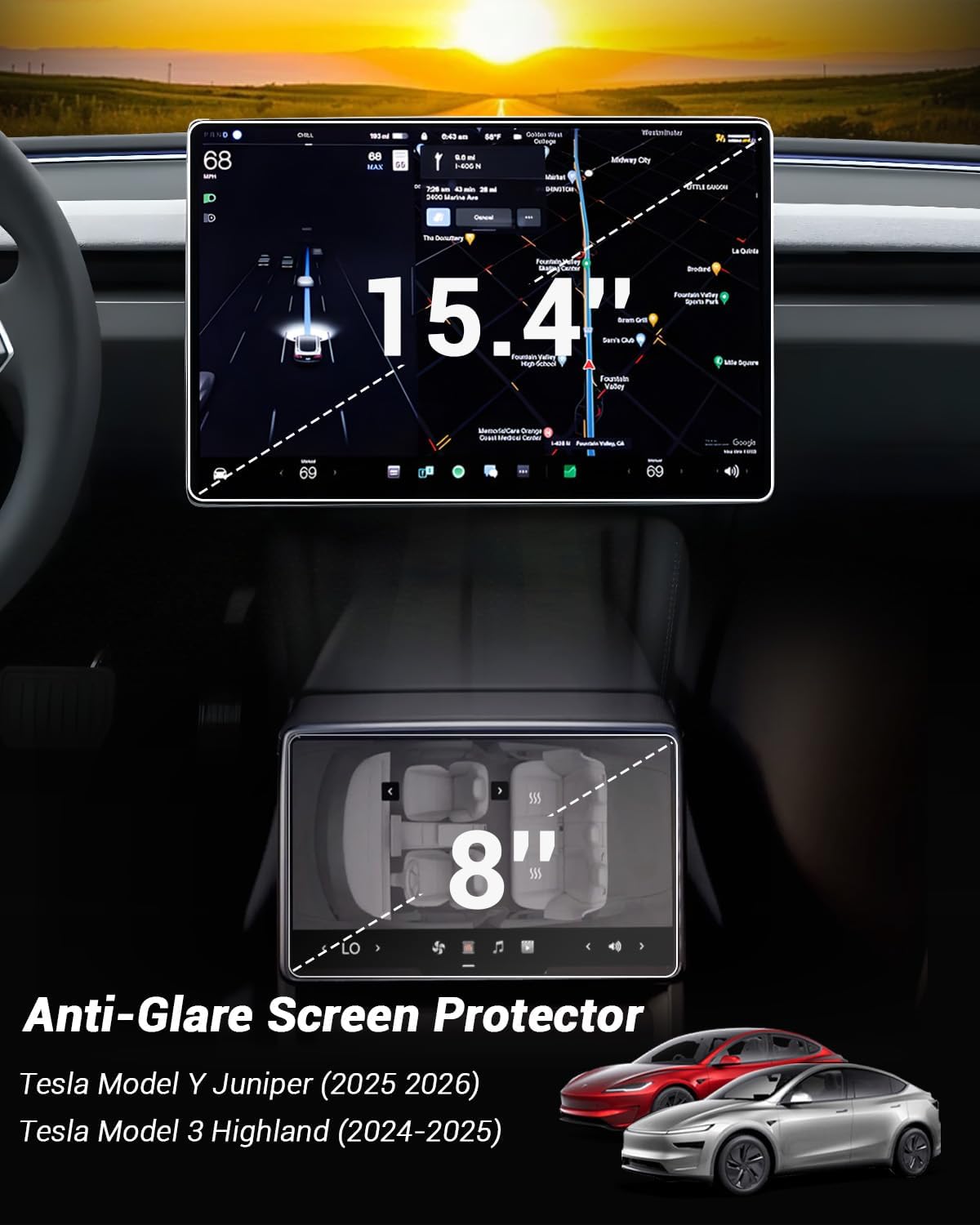 15.4" for 2025 2026 Tesla Model Y Juniper Screen Protector Anti Glare & 2024-2026 Model 3 Highland Matte Screen Protector for Tesla Model Y Juniper Accessories - [No More Glare & Fingerprint]-[2-Pack]