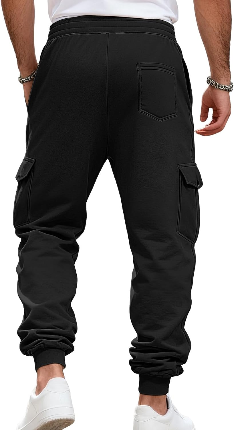 Men's Casual Cargo Sweatpants Fleece Lined Workout Joggers Athletic Drawstring Pants with Multi Pockets