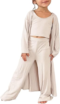 Fessceruna Girls 3 Piece Sweatsuit Outfit Kids Cute Crop Vest Top & High Waist Pants & Cardigan Knitwear Jumpsuit 3-14 Year
