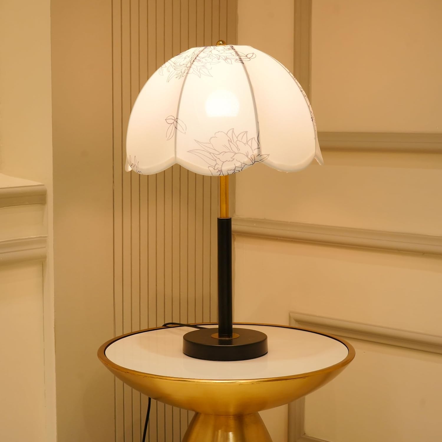 ELARE Modern Crystal Glass Table Lamp with Floral Fabric Shade | Decorative Bedside Nightstand Lamp for Living Room, Bedroom & Study | Luxury Gold Accent Home Décor Light (VA-LA1122)-image-21