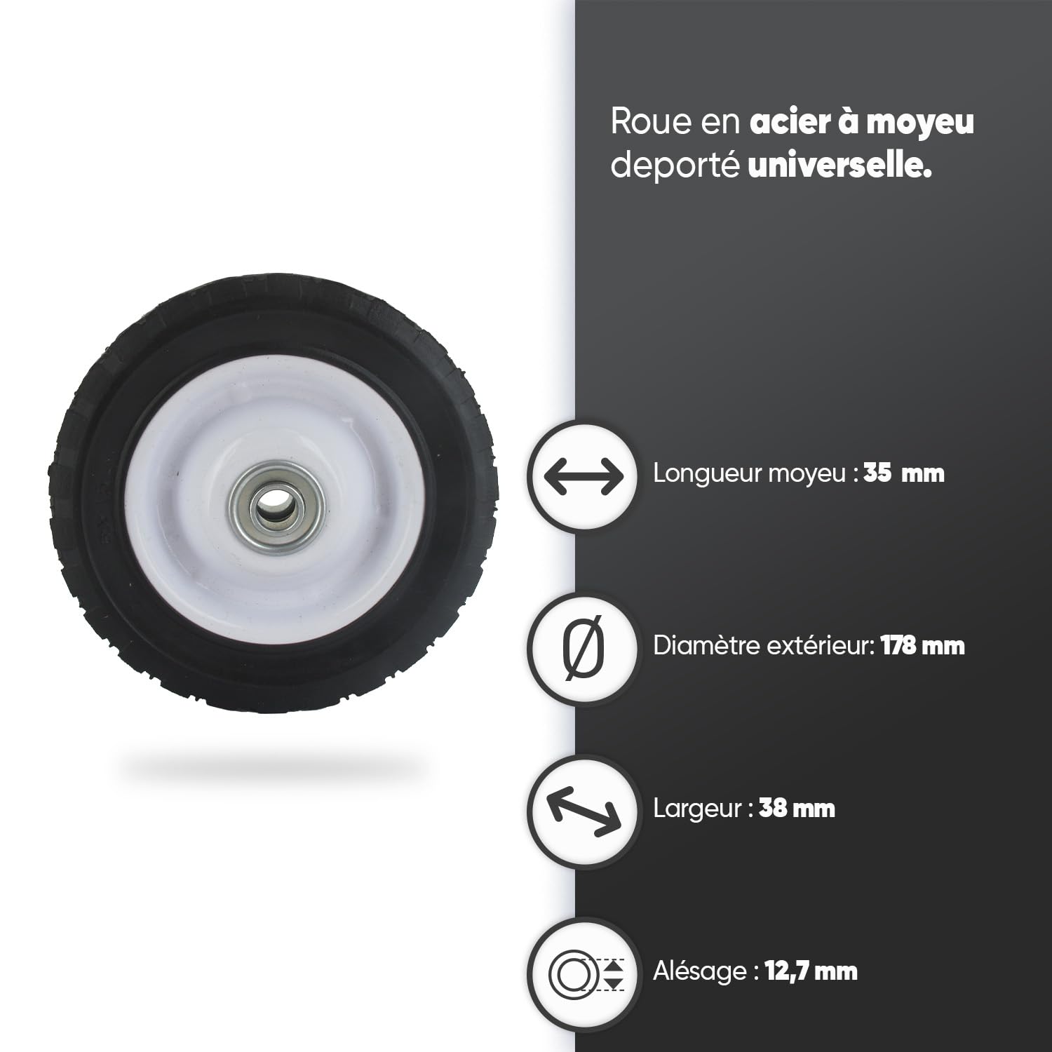 UNIVERSEL - Roue Acier à Moyeu Déporté pour Équipement Jardin - Diamètre 152 mm / Moyeu : 35 mm / Alésage 12,7 mm / Largeur 38 mm