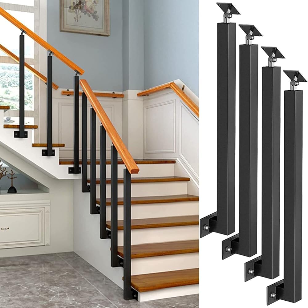 Lqsybhd 4 Pack Side Mounted Railing Spindles - Stair Balusters Post, Black Metal Handrail Spindles With Flat & Adjustable 270° Angle Bracket, Banister Column For Deck, Steps,(Size:85cm/33.5Inch,Color:4 Pack)