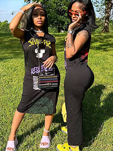 Letter Print Tank Dress Women Casual Sleeveless Skinny Stretchy Maxi Bodycon 2022 Summer Stylish Streetwear Dresses (Black,M,Medium) #TOP1