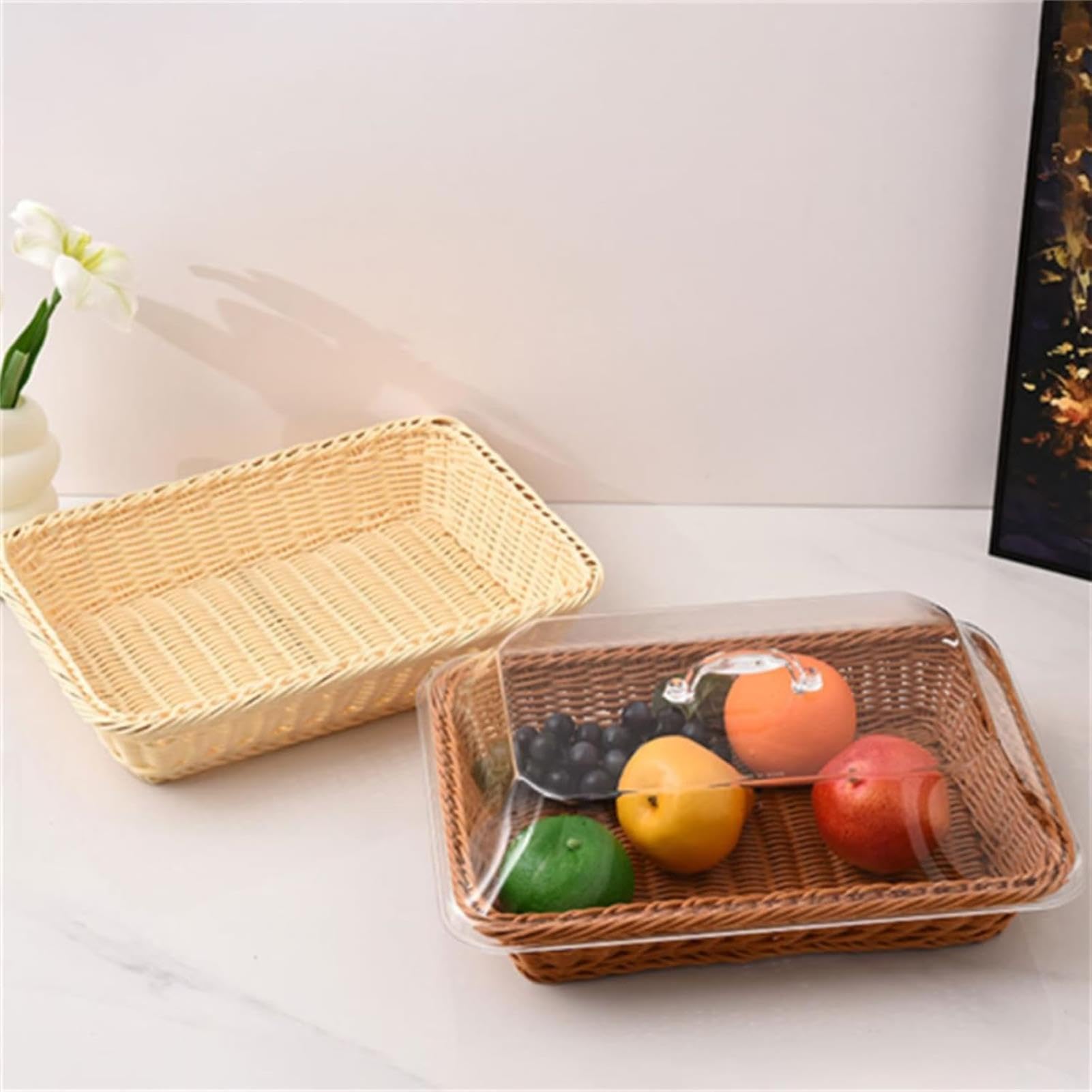Cestino per il pane in rattan intrecciato con coperchio, cestino per servire pane, frutta, verdura, perfetto per cucina, ristorante e feste