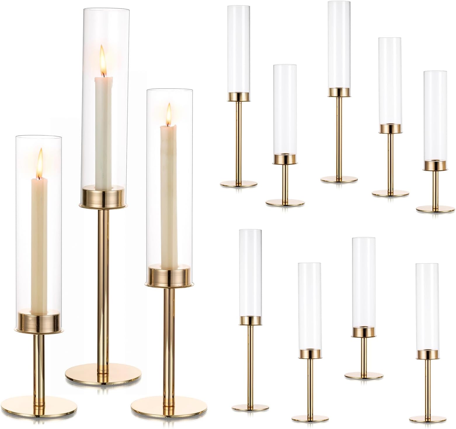 Hewory Gold Candle Holders Hurricane Candlestick Holders, 12Pcs Candle Stick Candle Holder Candelabra, Taper Candle Holders with Glass Candle Cover for Wedding Table Centerpiece Christmas Decor