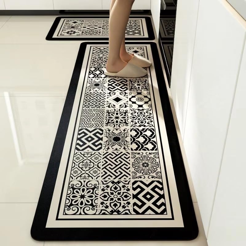 Image of MAXOSHINE Kitchen Mats for Floor Anti Slip Waterproof Feet Comfort Kitchen Runner Floor Mat Standing Desk Mat Floor Mats for Kitchen (120 * 40cm, 60 * 40cm) Set of 2 (Moroccan-Black)