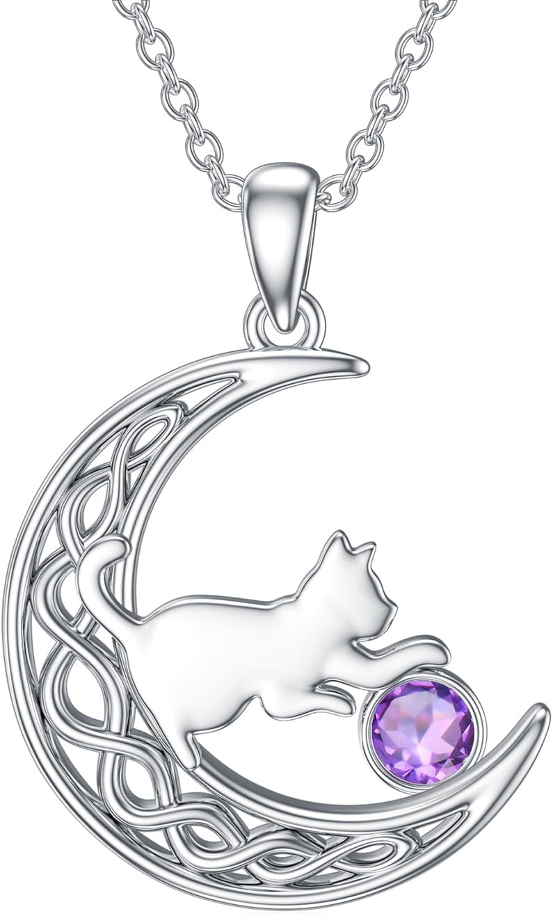 Cat Necklace 925 Sterling Silver Birthstone with Cute Cat in Moon Pendant Necklace for Women