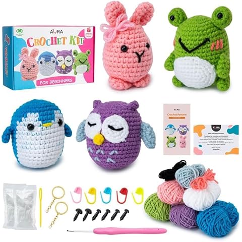 A-URA Learn to Crochet Kit for Beginners, 4 Pattern Crochet Animal kit, Beginner Crochet kit for Adults and Kids with Step-by-Step Video Tutorials, Amigurumi Kits: Yarns, Hook, Accessories Cover