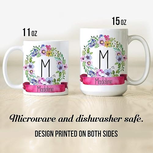 Personalized Name Coffee Mug Floral Monogram Cup Ceramic Microwave and Dishwasher Safe