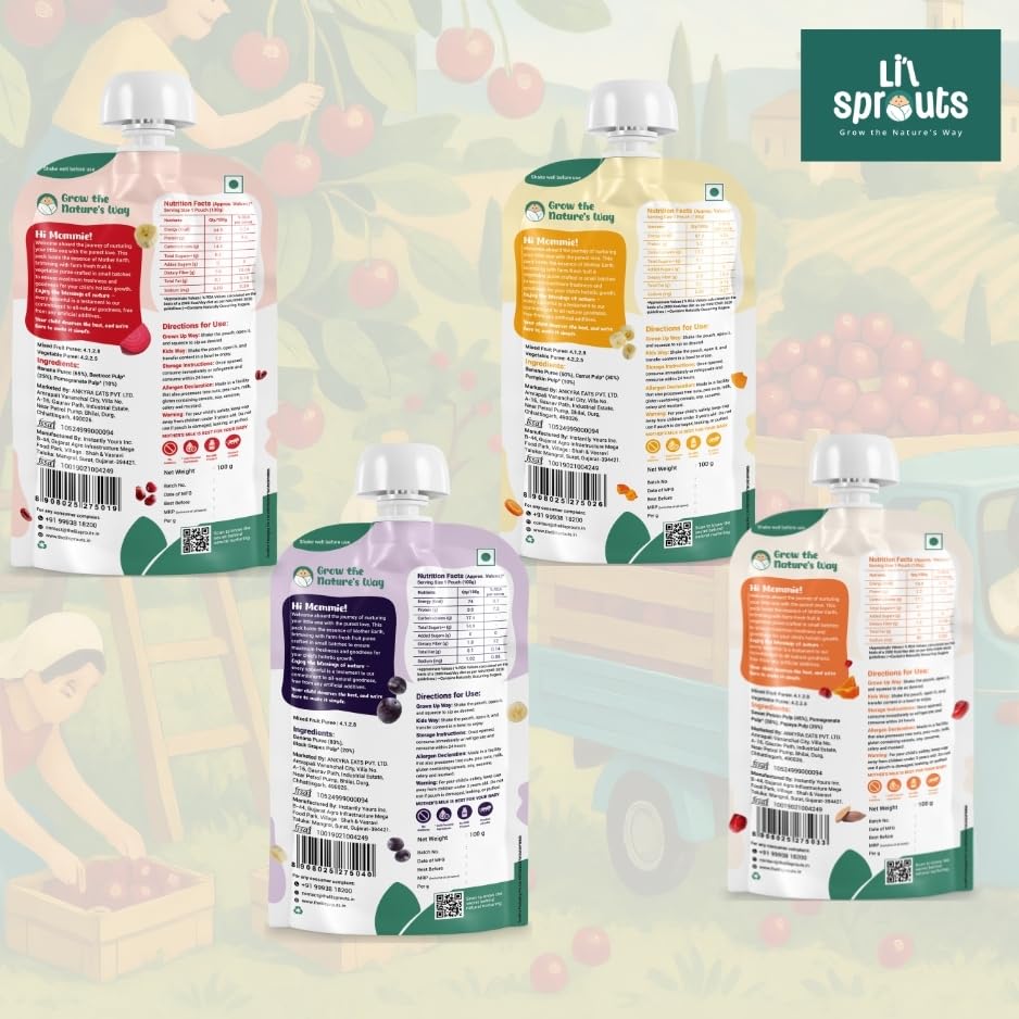 Image of Li'l Sprouts FruGies Veggie Lover Combo | Baby Food Puree | 4 Flavours | 6 Months+| Ready-to-Eat |Travel Food | Pack of 12, 100g each | No Salt, No Sugar and No Preservatives | Packed with Nutrients