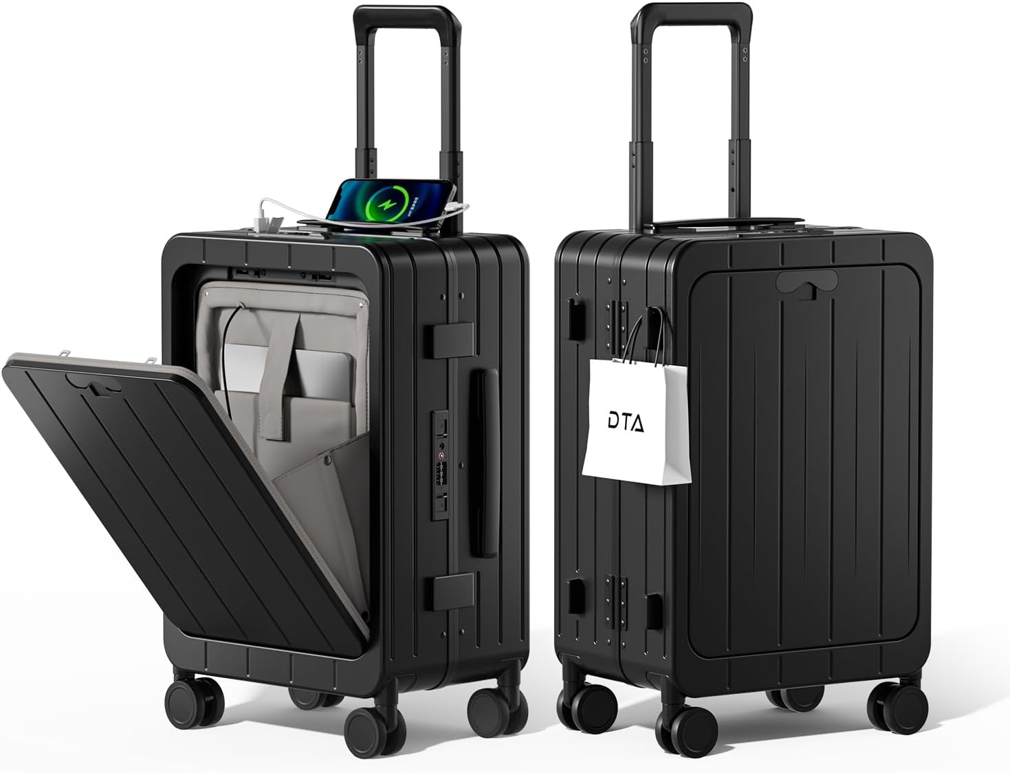 Top Opening PC Hard Shell 20-inch International Carry On Luggage - Zipperless, Aluminum Frame, No Zipper Suitcase, TSA Airline Approved Suitcases with Spinner Wheels (Black, Carry-On 20-Inch)