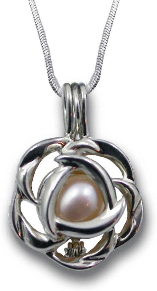 Pearlina Cultured Love Pearl Oyster Necklace Set Silver tone Rose Cage w/Stainless Steel Chain 18"