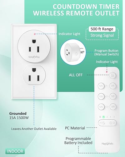 Miniatura 7 de HAPYTHDA Enchufe de salida de control remoto con función de cuenta regresiva, 15 A1500 W, interruptor de luz inalámbrico de rango RF de 500 pies,