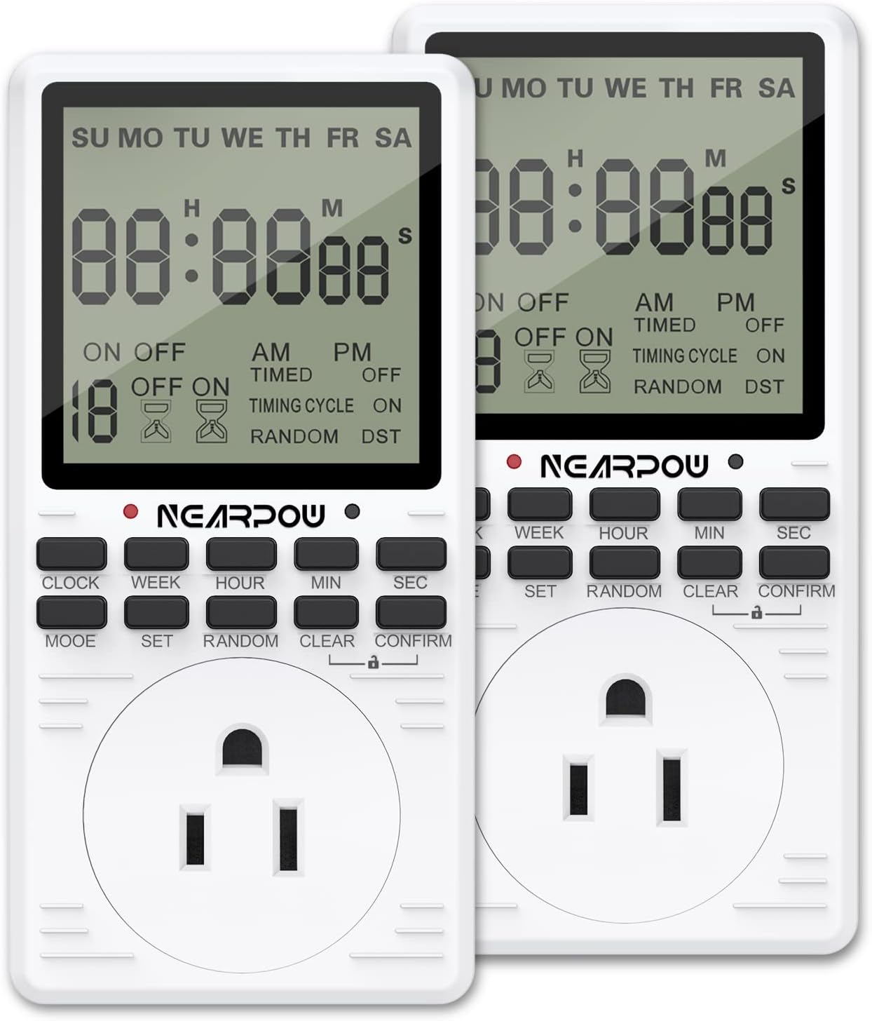 - [2 Pack] Outlet Timer, NEARPOW Multifunctional Programmable Timer with Countdown and 7-Day Digital Infinite Repeat Cycle Intermittent, 19 ON/Off Programs for Electrical Outlets, 3 Prong, 15A/1800W