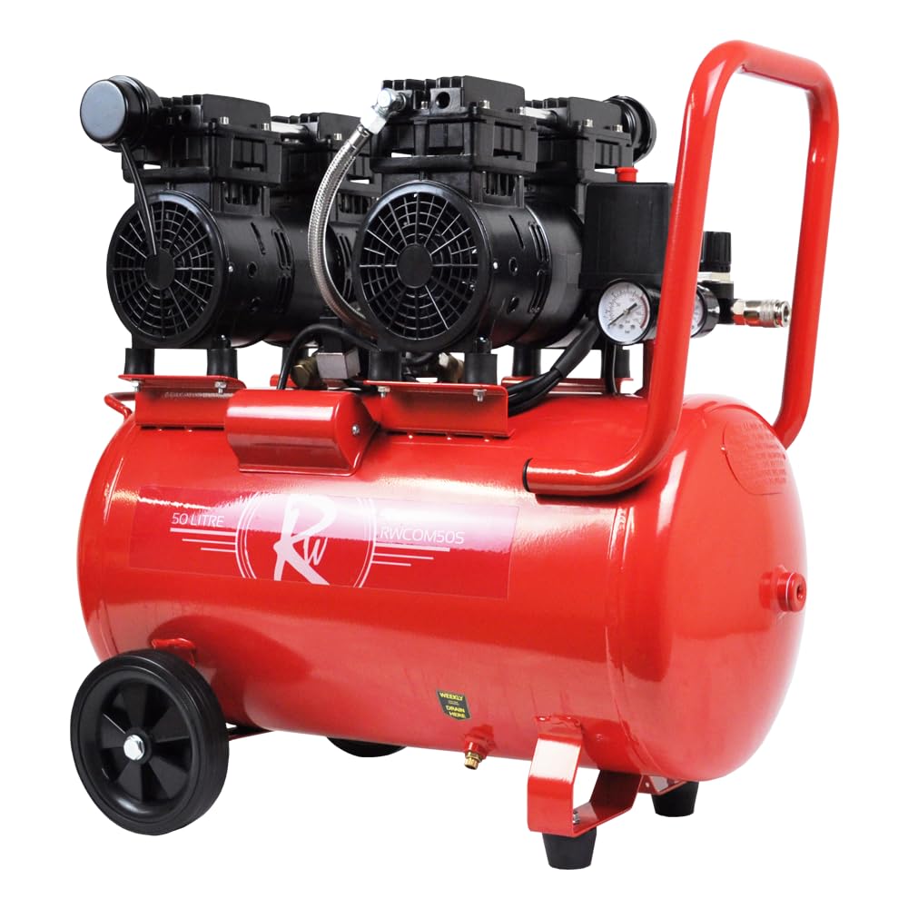 Air Compressor Electric 50L Litre 2HP 1500w Silent Portable Oil Free 8bar 116psi 11CFM Workshop Garage 230v 3 Pin 13amp UK Plug Red Low Noise 39kg