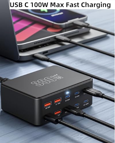 Miniatura 3 de Estación de carga USB C de 330 W, cargador USB C, 10 puertos de alimentación para múltiples dispositivos con PD 100 W, 65 W, 30 W, QC3.0, 18 W,