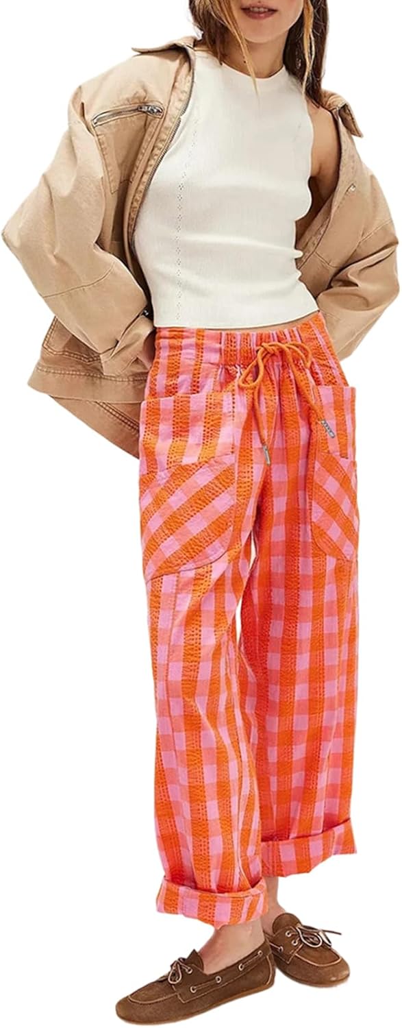 Acelitt Women Casual Loose Drawstring Elastic Waist Checkered Pants with Pockets, S-XXL