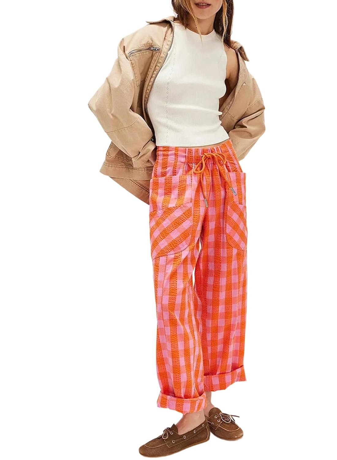 Acelitt Women Drawstring Elastic Waist Checkered Pants with Pockets S-XXL