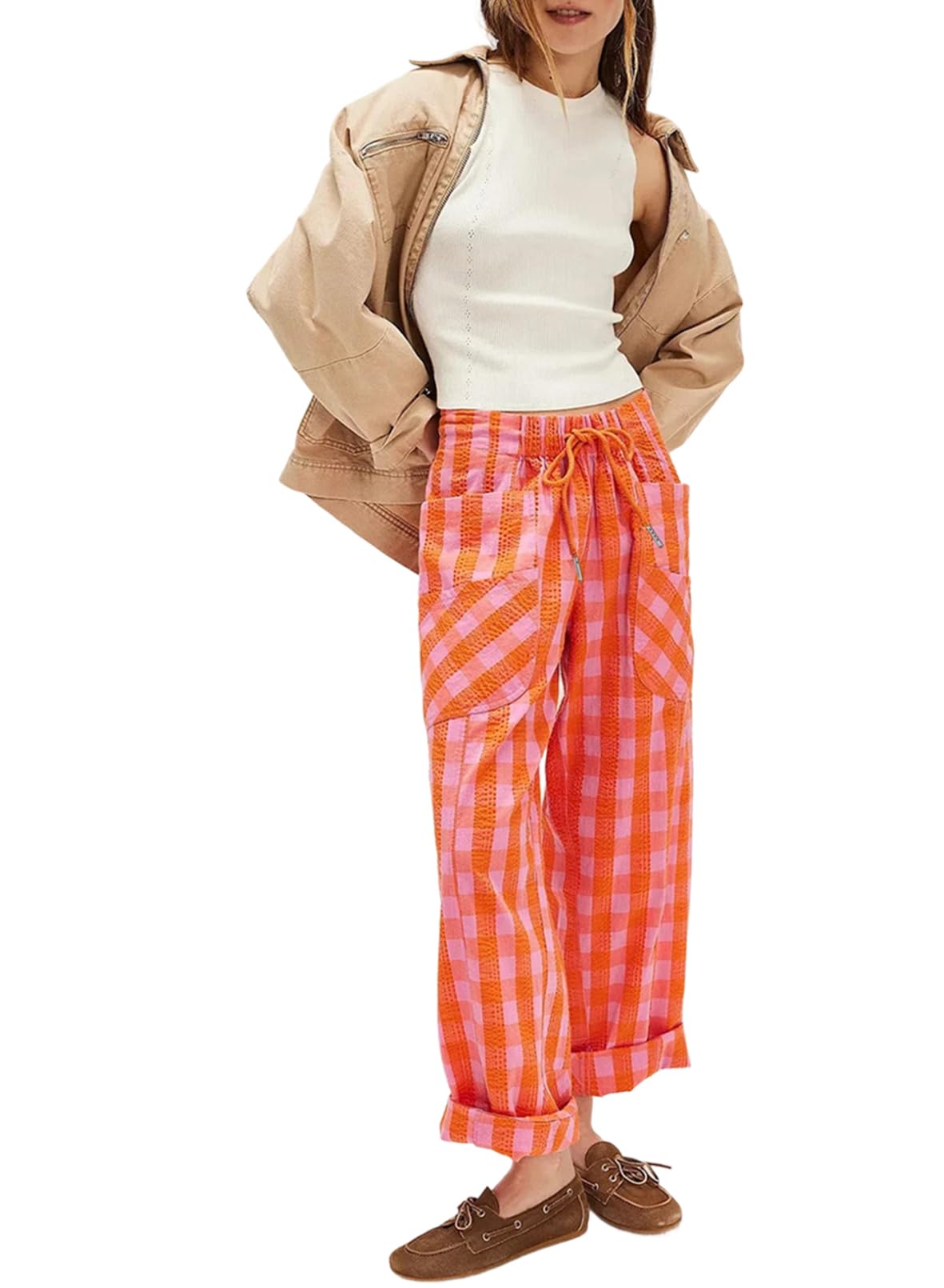Acelitt Women Drawstring Elastic Waist Checkered Pants with Pockets S-XXL