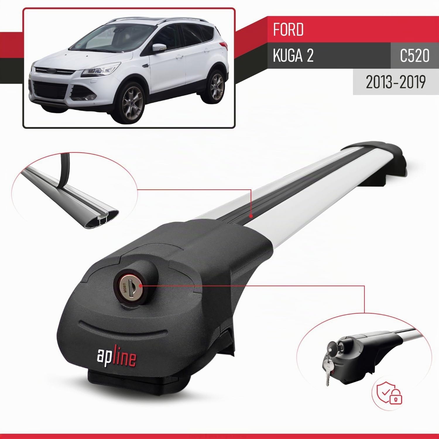 Kompatibel mit Ford Kuga 2 (C520) 2013-2019 ACE-1 Modell Relingträger Dachträger Auto Gepäckträger Grau Aluminium 2 Stangen