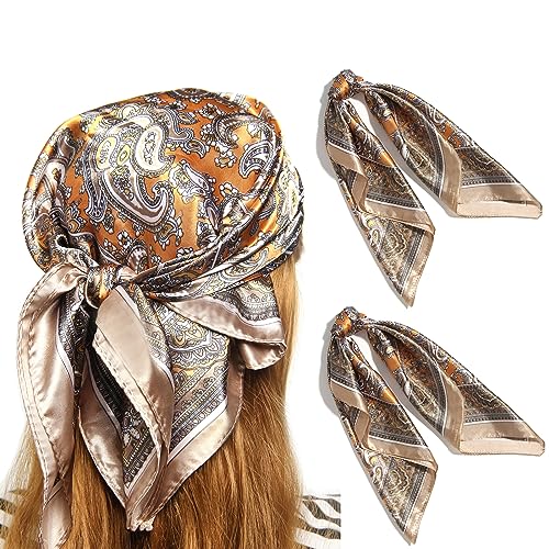 LFOUVRE Pack of 2 Satin Paisley Square Hair Scarf Bandanas Large Silk Head Scarves Prinited Headband Kerchief Wraps