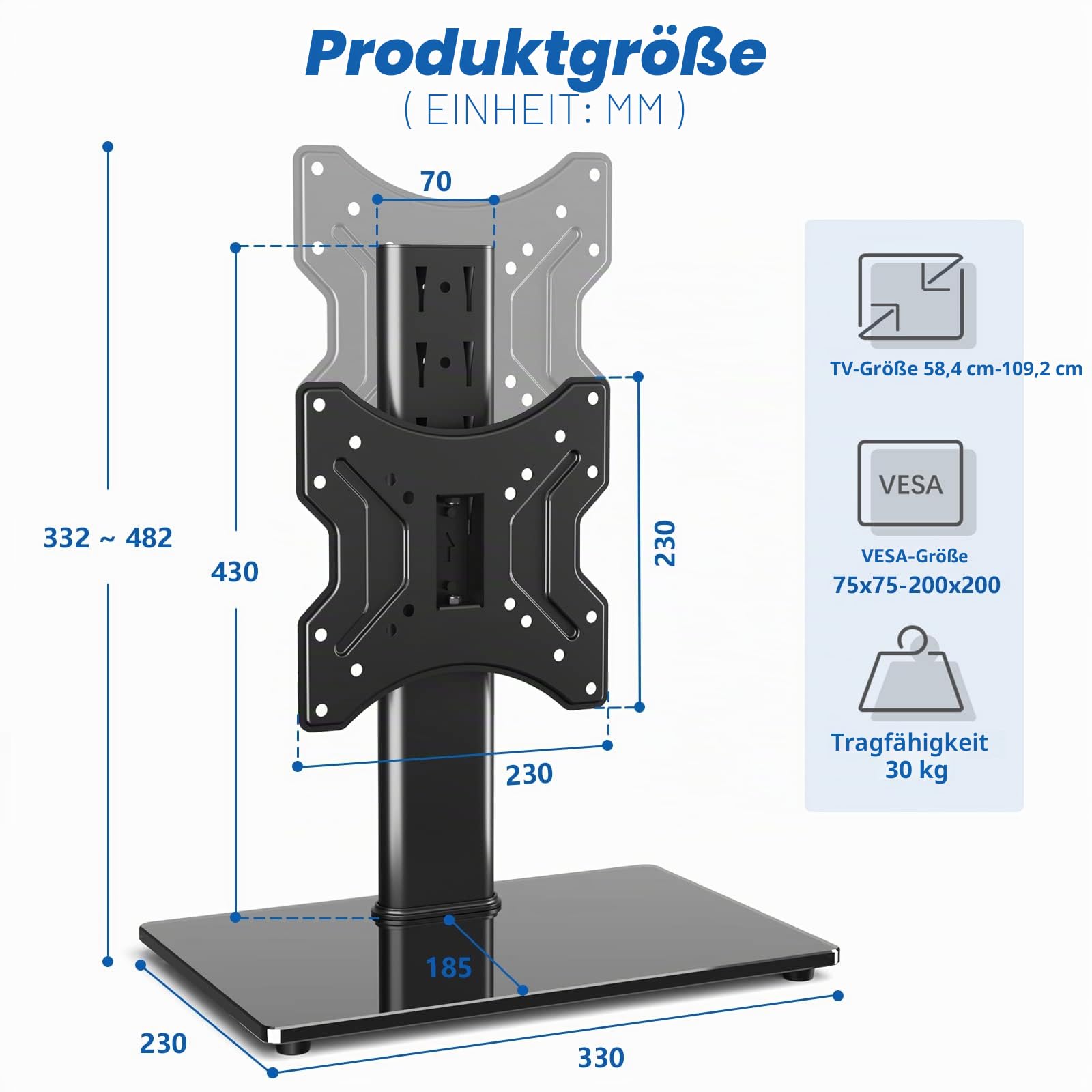 RFIVER Universal TV Standfuss TV Ständer Höhenverstellbar für 23-43 Zoll LCD LED OLED Plasma Flach & Curved Fernseher bis zu 30 KG TV Fuß Fernsehfuss Schwenkbar Max. VESA 200x200