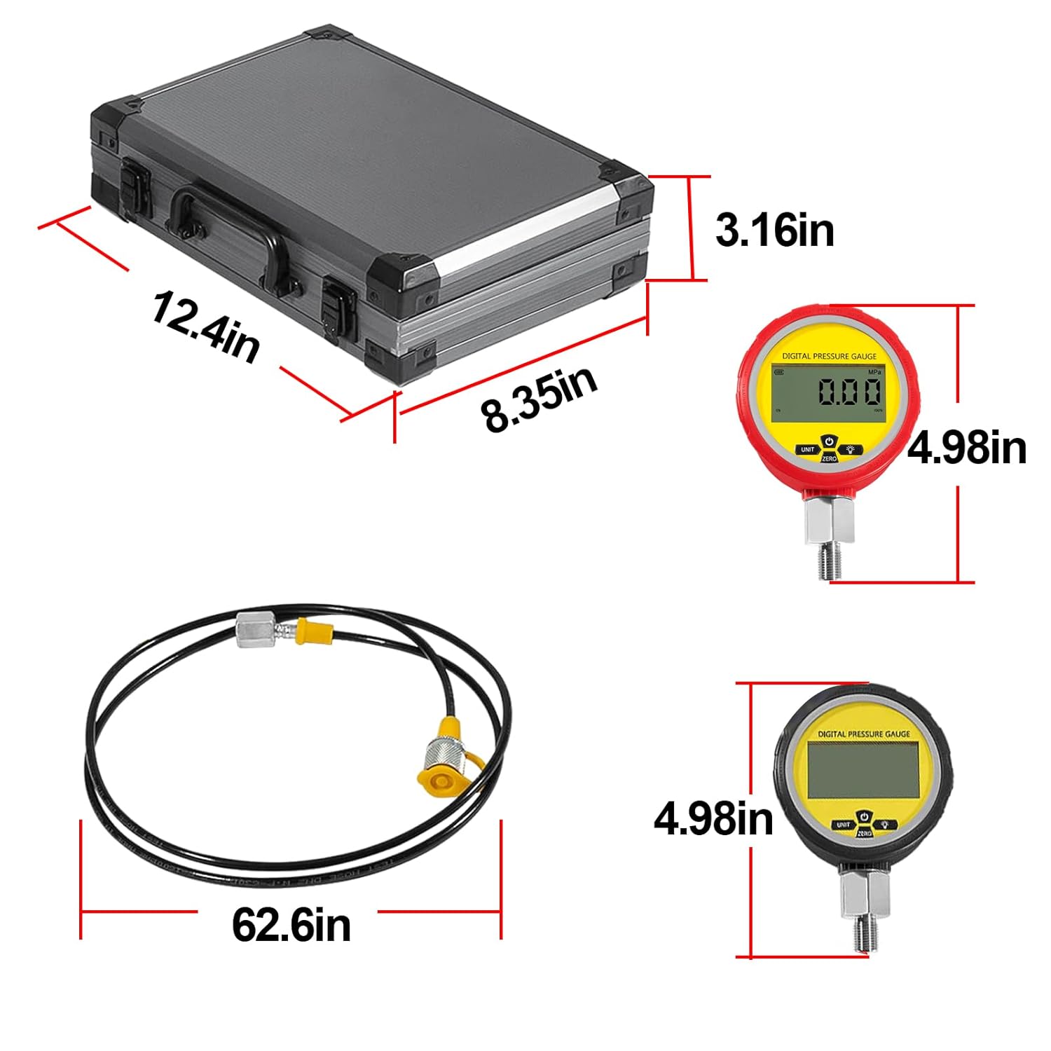 70M Digital Hydraulic Pressure Test Coupling Kit Compatible with Most Brands of Excavator Construction Machinery, Hydraulic Pressure Gauge Kit with 2 Gauges 2 Test Hoses 11 Couplings