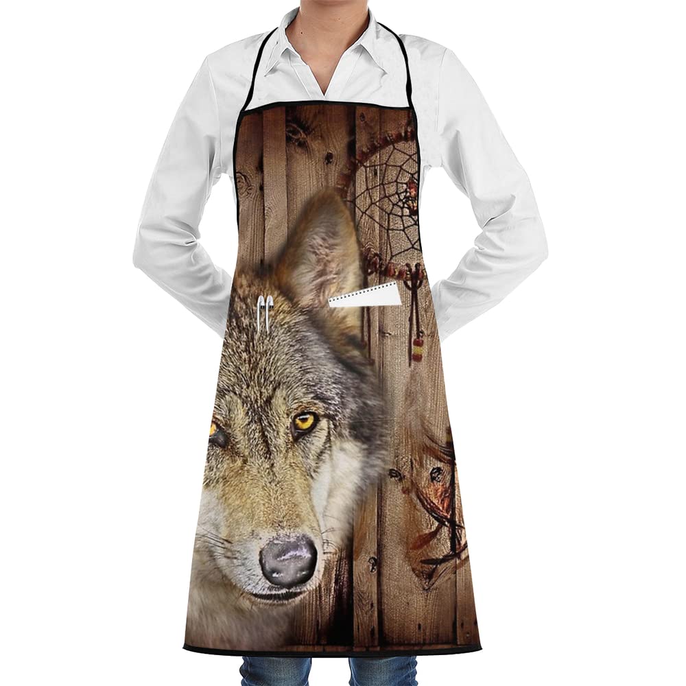 Western Country Native Dream Catcher Wolf Head Chef Birthday Apron for Women Men Mom Dad Wife Kitchen Aprons Cook Bib for Cooking Baking Grilling BBQ with Pockets