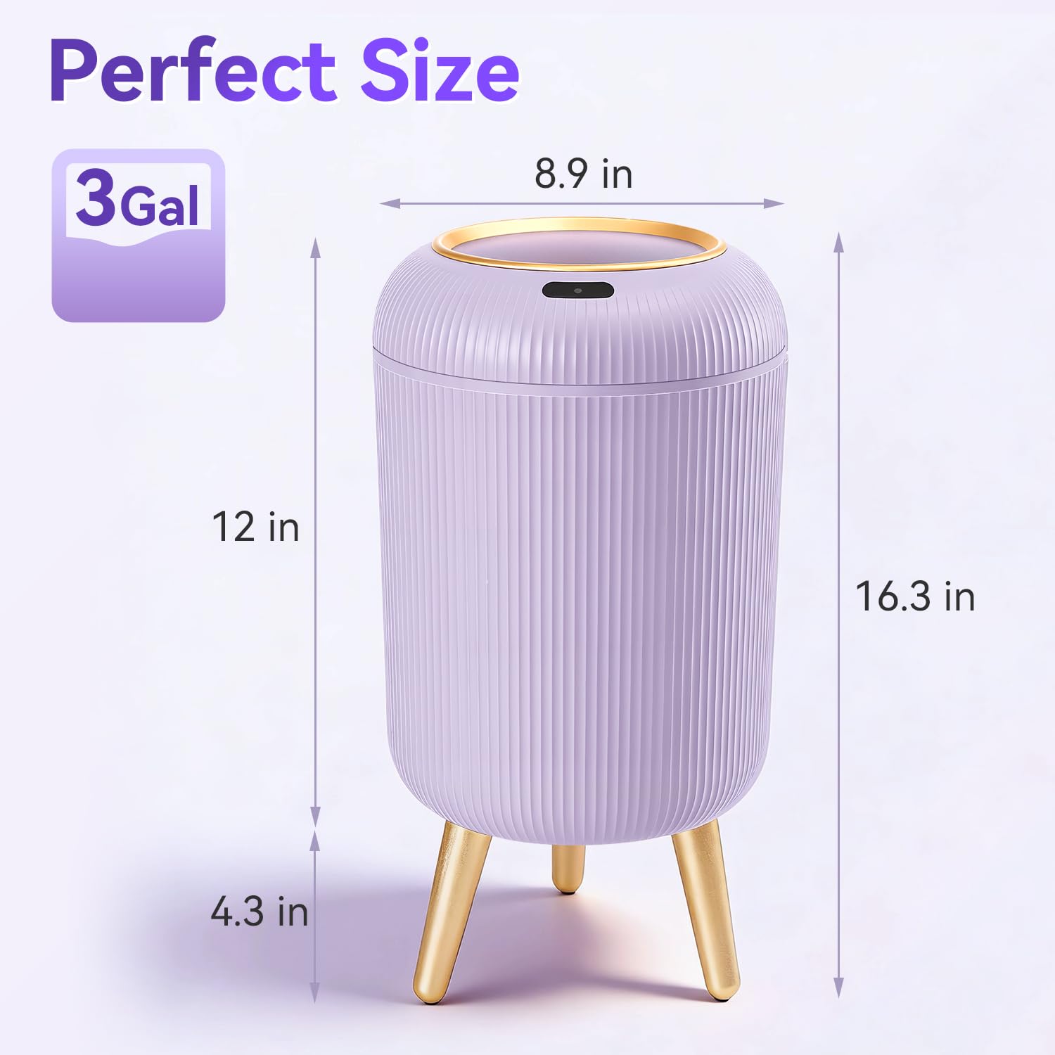 Papelera de baño con sensor de movimiento con tapa, papelera automática de 3 galones/11 litros, cubo de basura sin contacto con patas extraíbles para cocina, oficina, inodoro, dormitorio, cubo
