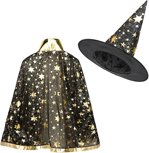 Miniatura 5 de XGOPTS Juego de sombrero de capa de mago de Halloween, diseño de estrella de dibujos animados, sombrero de bruja, sombrero de Navidad, accesorios de