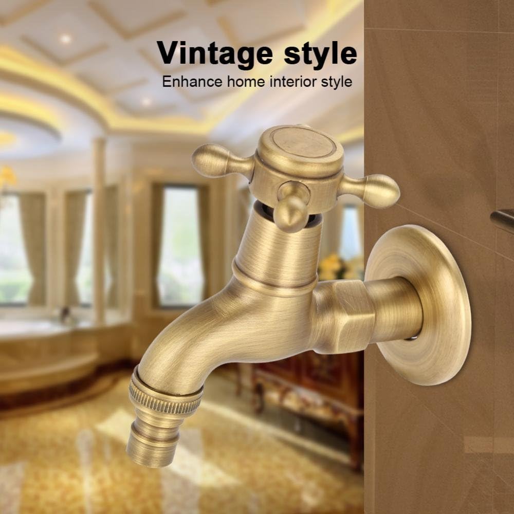 Vintage Brass Wall Mounted Single Handle Faucet, G1/2 Connection Water Tap for Washing Machine, Bathroom, Garden, Laundry Room