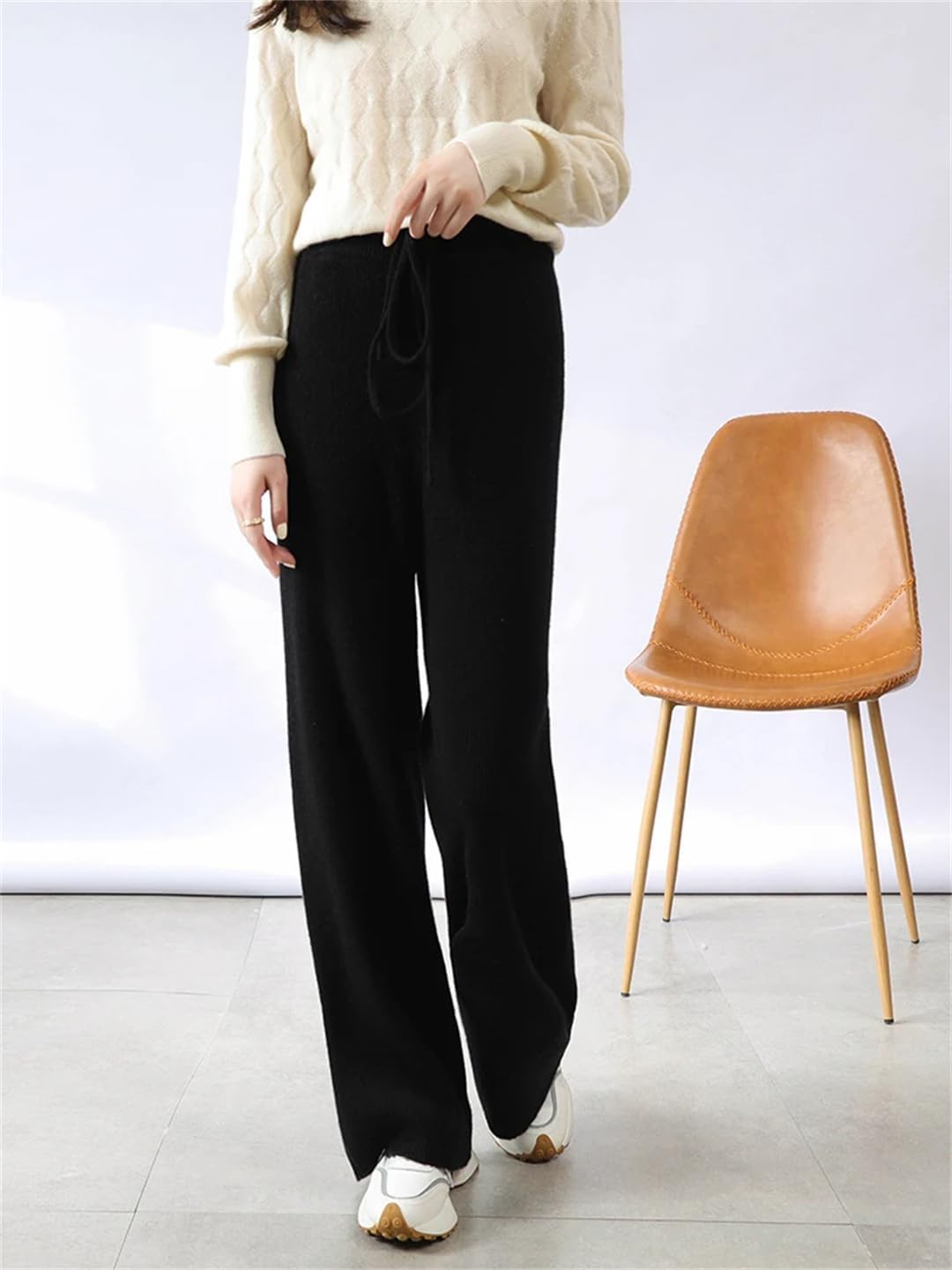 Mkjuuior Women's Loose Waist Trousers Wool Pants with Pockets Women's Winter Warm Knitted Leggings