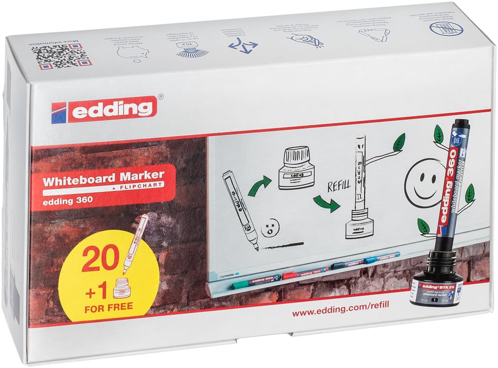 Edding 360 Marqueur pour Tableaux Blancs - Noir - Boîte de Recharge de 20 Stylos - Pointe Ronde 1,5-3 mm - Feutre Effaçable - pour Tableaux Blanc, Mémo et Chevalet de Conférence - Rechargeable