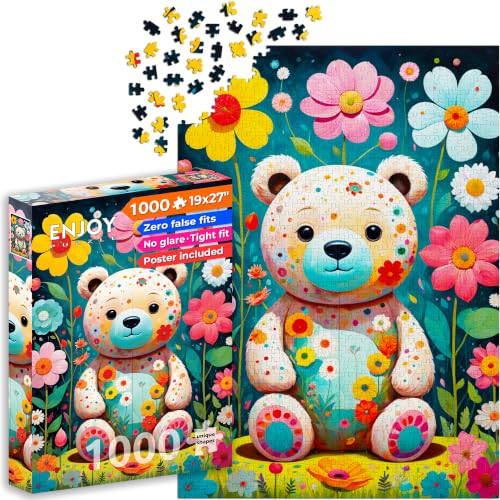 1000 Piece Jigsaw Puzzle for Adults - Floral Teddy Bear in Flower Garden | Matte Anti-Glare Finish | Fun & Challenging Puzzle | 27x19 in | Unique Gift | Enjoy - image 1