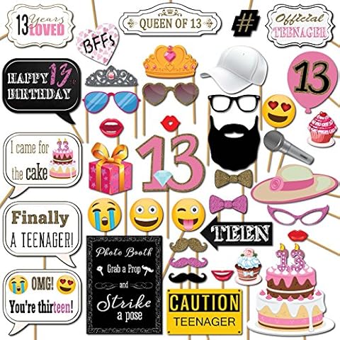 13th Birthday Photo Booth Props - 41-pc Photo Prop Kit with 8 x 10-Inch Sign, 60 Adhesive Pads, 45 Sticks - Teen Girl Photo Booth Props - Party Supplies 13th Birthday Cover