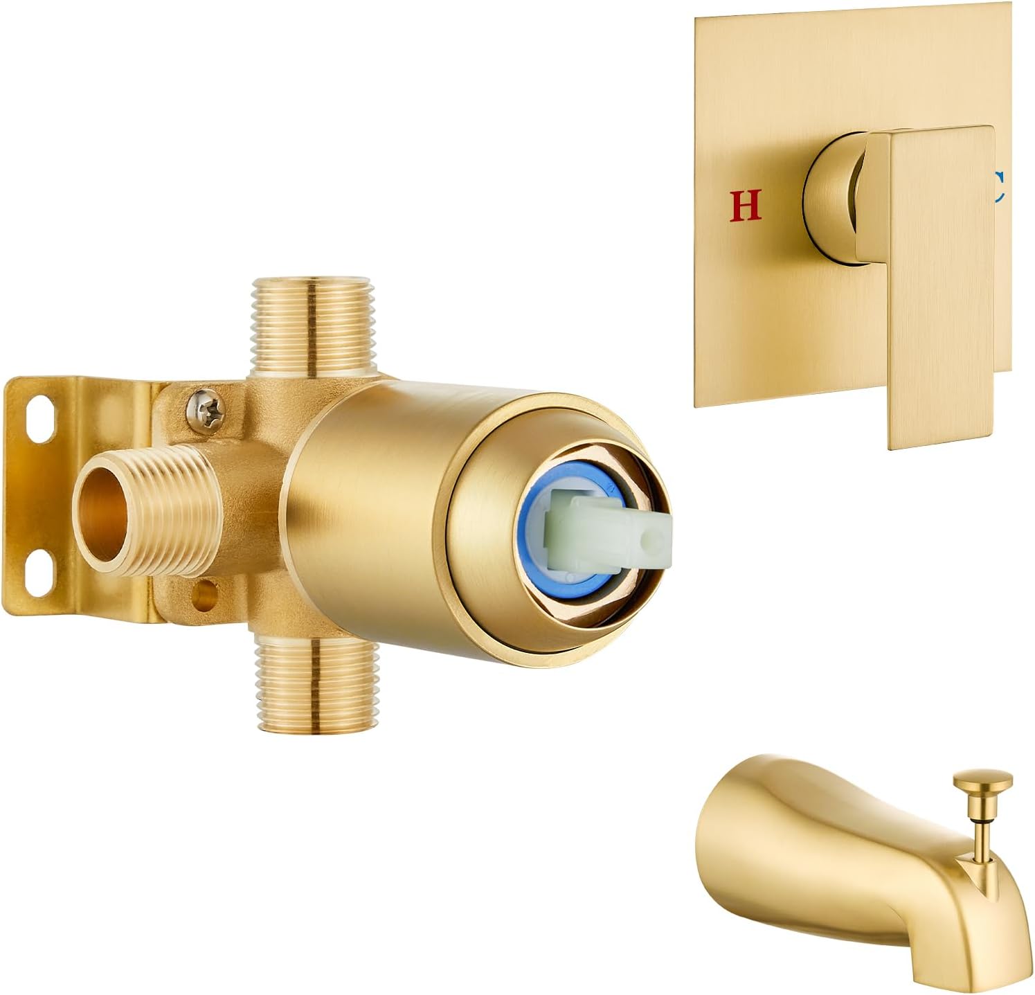 Airuida Shower Faucet Set – Square Shower Valve Trim Kit with Pull-up Tub Spout,Single Handle Wall-Mounted Bathtub Faucet,Solid Brass Rough-in Mixer Valve,Brushed Gold