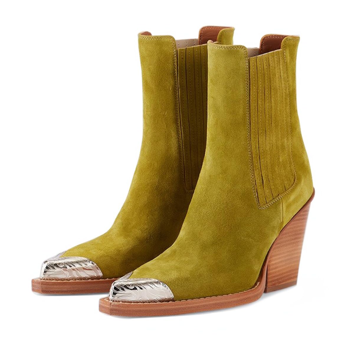 Goolita Suede Western Cowboy Boots For Women Metal Pointed Toe Stacked Block Heel Cowgirl Ankle Boots Vintage Slip