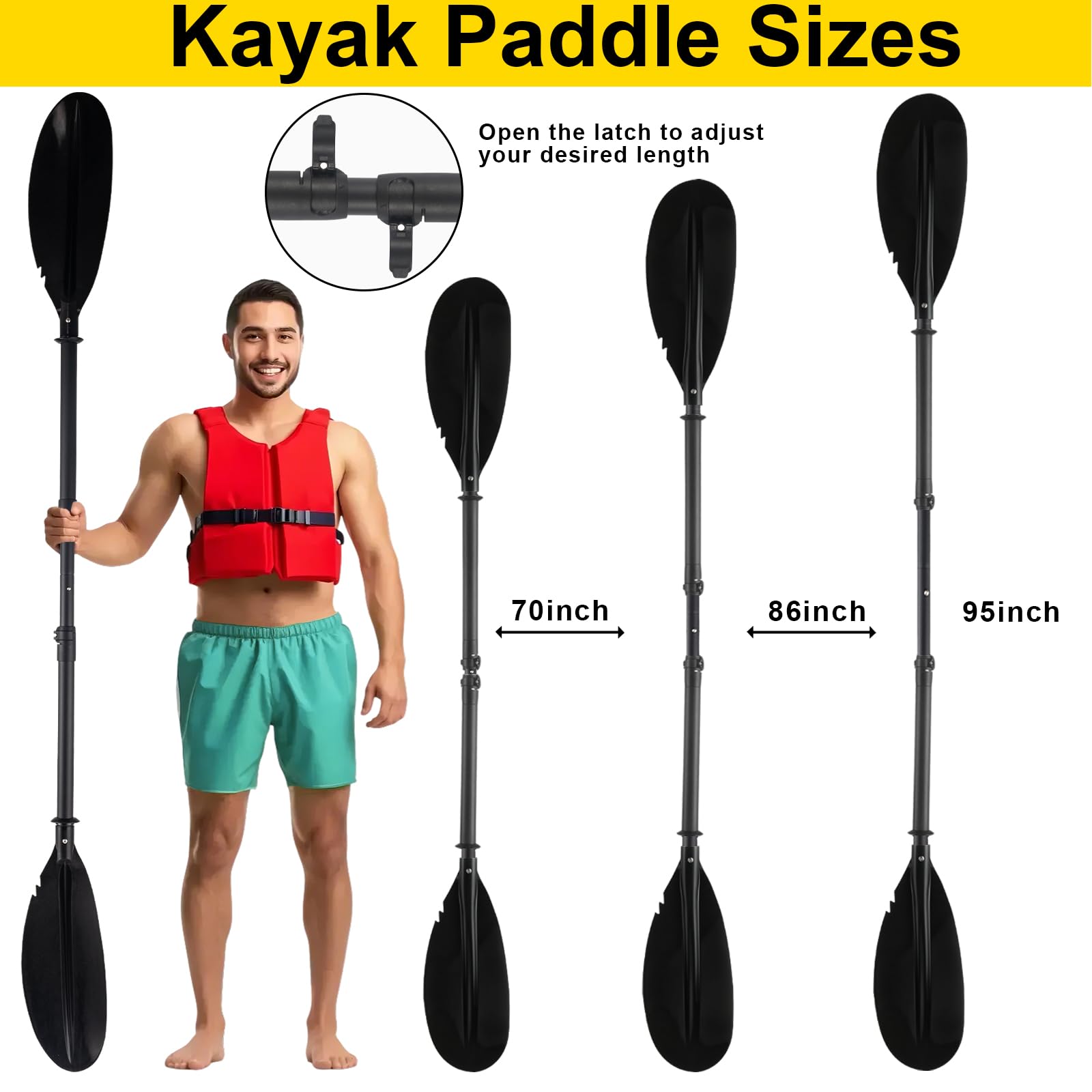 230 cm Doppelkopf-Paddel, 170 cm – 250 cm in robustem Aluminiumschaft und gerippten Polyethylen-Klingen für Kajaks