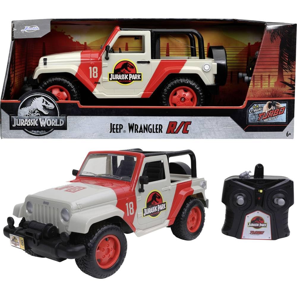 Jada Toys 253203068 Jurassic World RC Jeep Wrangler w skali 1:16, 29 cm, pojazd zdalnie sterowany, funkcja turbo, dla dzieci od 6 lat