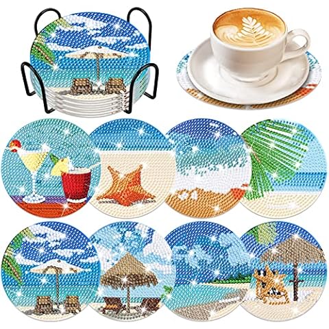 clothmile 8 Pcs Beach Style Diamond Art Coasters Kits with Holder DIY Summer Diamond Art Kits for Beginners, Adults, Kids, Diamond Art Crafts Supplies Cover