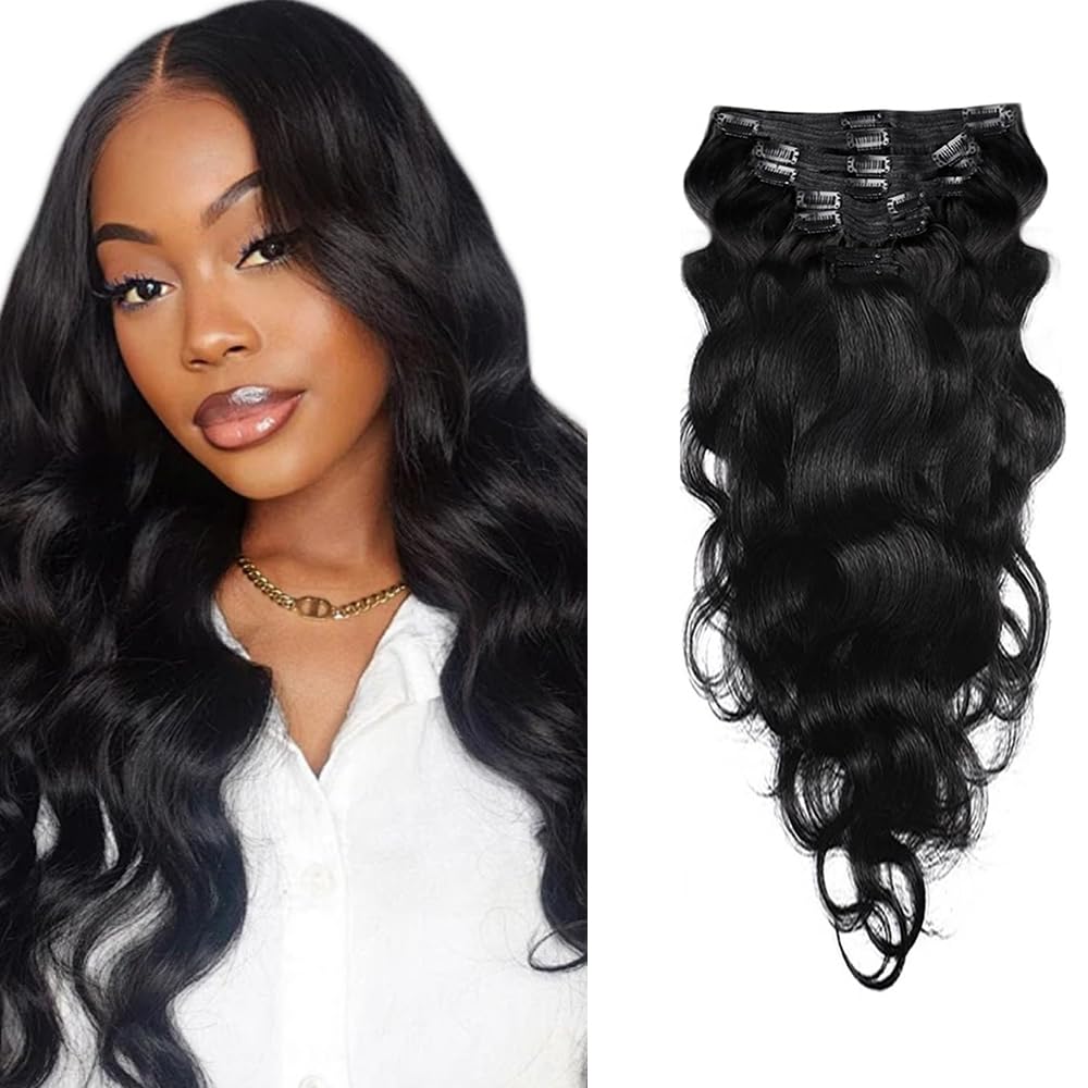 Photo 1 of #1B Natural Black Clip in Human Hair Extensions 32 Inch Color #1B Long Wave Clip in Seamless Extensions Human Hair Skin Weft Seamless Invisible Unprocessed Brazilian Virgin Remy Hair 120g