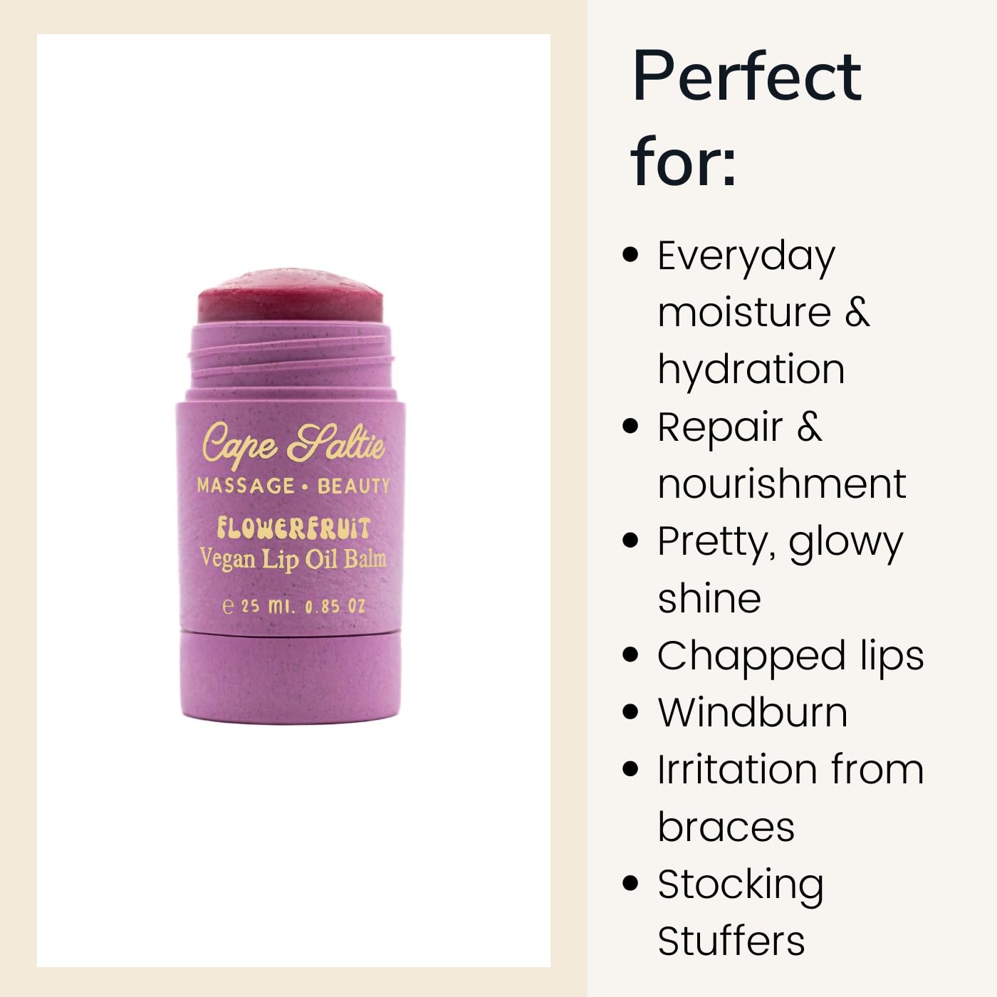 Cape Saltie · Massage Beauty Flowerfruit Vegan Oil Lip Balm in "Rainbow Milk Tea" — Raspberry, Rose, (25ml, 0.85 oz, Jumbo Size Tint) | Nourish, Hydrate, Moisturize | Infused with Natural Fruit Oil