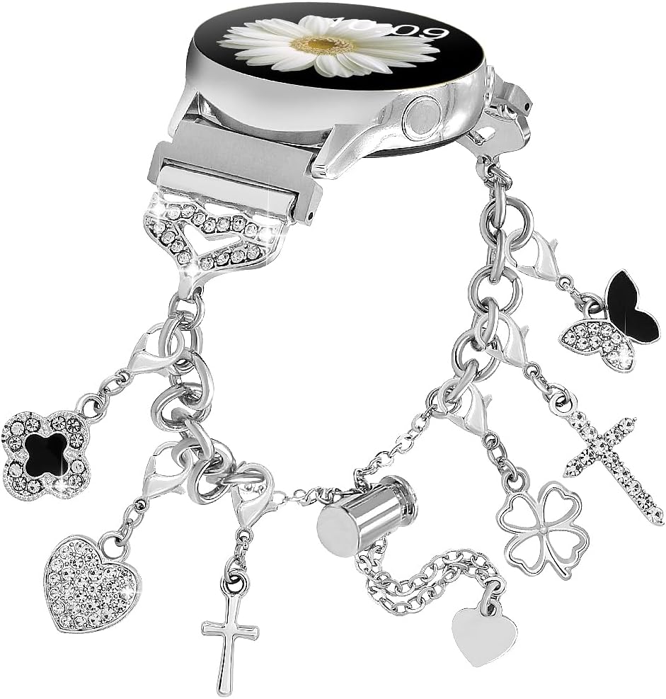 Metal Band Compatible with Samsung Galaxy Watch 7/FE/6/5/4 40/44mm,Watch 6/4 Classic,Watch 5 Pro,Watch 3,Active 2,Stylish Link Chain with Cute Charms Unique Pendants Band Women,20mm