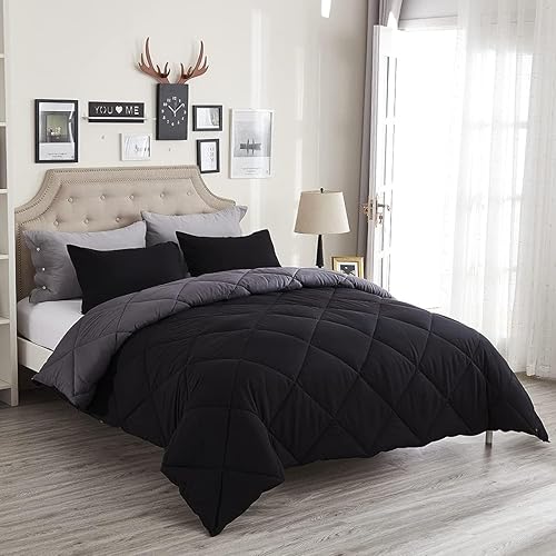 Twin Comforter Set Black - 3 Pieces Luxury Soft and Lightweight Down Alternative Bedding Set Fluffy Blanket Quilt for All Season 1 Comforter(68"×86") & 1 Pillow Sham(20"×26")