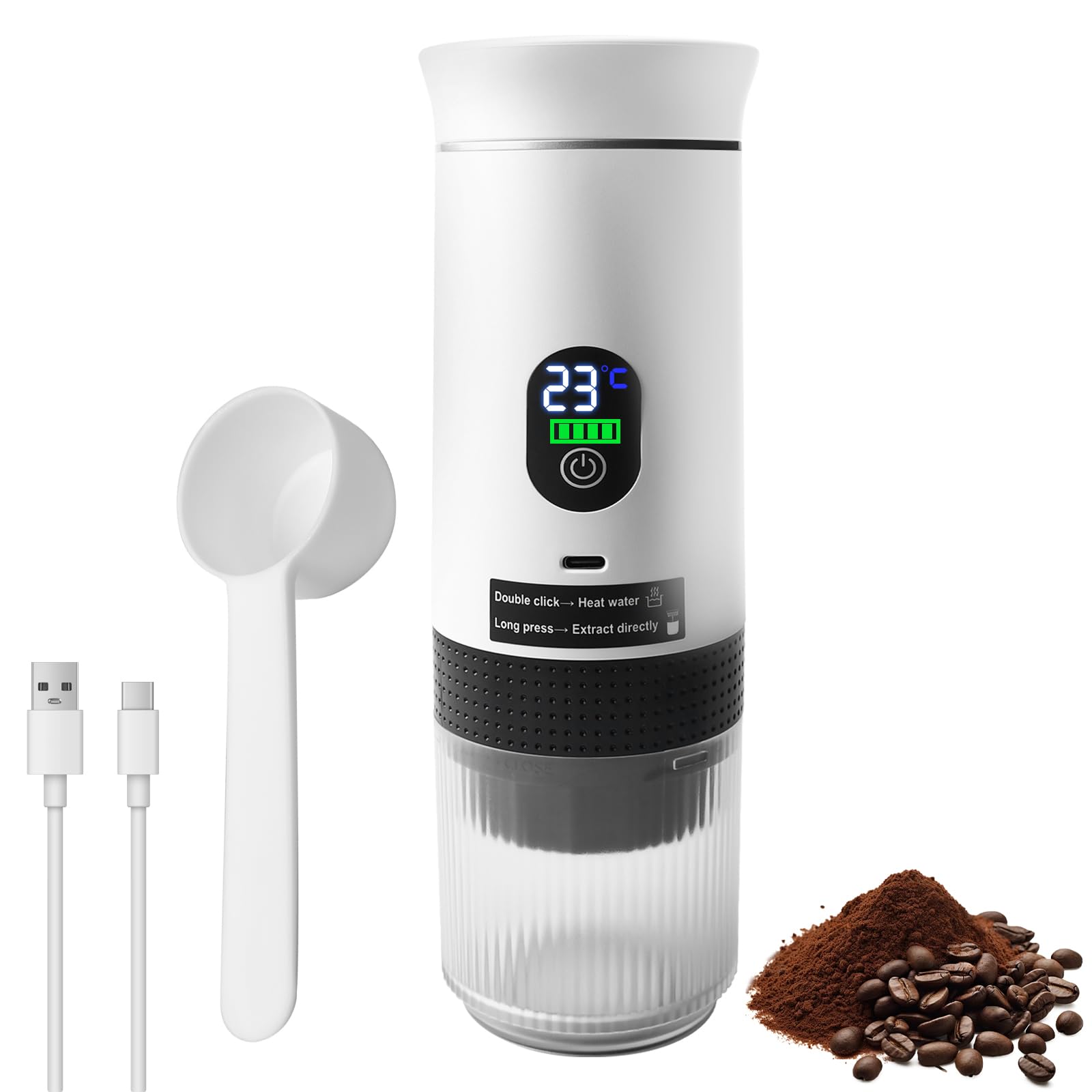 Leikurvo Máquina de Café Espresso Portátil, Cafetera 3 en 1 con Batería - 20Bar, 80ml, Pantalla Digital, para Café Molido y Cápsulas NS, Ideal para Camping y Viajes, Autocalentamiento Rápido (Blanco)